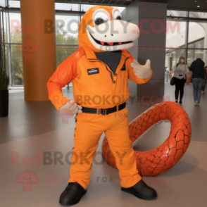 Orange Titanoboa mascot costume character dressed with a Biker Jacket and Anklets