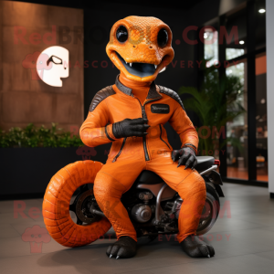 Orange Titanoboa mascot costume character dressed with a Biker Jacket and Anklets