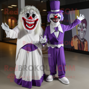 Purple Evil Clown mascot costume character dressed with a Wedding Dress and Pocket squares