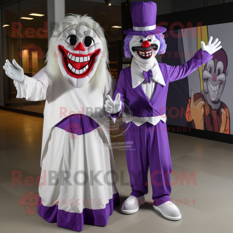 Purple Evil Clown mascot costume character dressed with a Wedding Dress and Pocket squares