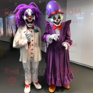 Purple Evil Clown mascot costume character dressed with a Wedding Dress and Pocket squares