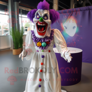 Purple Evil Clown mascot costume character dressed with a Wedding Dress and Pocket squares