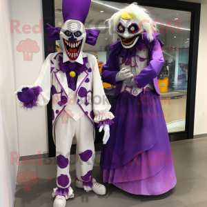 Purple Evil Clown mascot costume character dressed with a Wedding Dress and Pocket squares