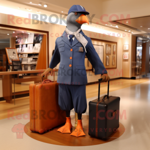 Navy Passenger Pigeon mascot costume character dressed with a Jumpsuit and Clutch bags