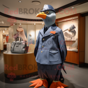 Navy Passenger Pigeon mascot costume character dressed with a Jumpsuit and Clutch bags