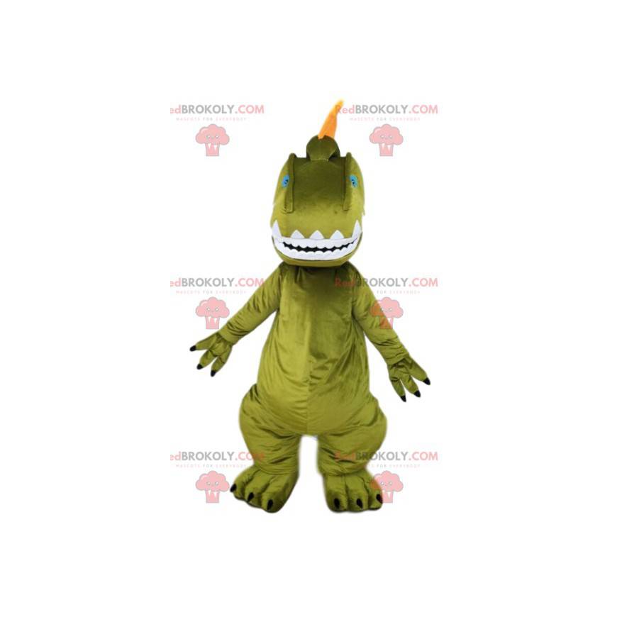 Mascota dinosaurio verde y su cresta naranja. - Redbrokoly.com