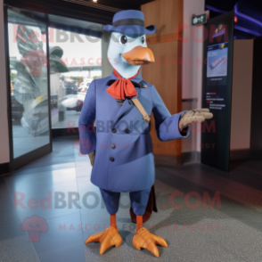 Navy Passenger Pigeon mascot costume character dressed with a Jumpsuit and Clutch bags