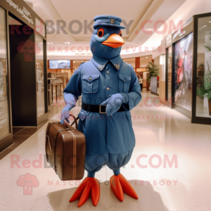 Navy Passenger Pigeon mascot costume character dressed with a Jumpsuit and Clutch bags