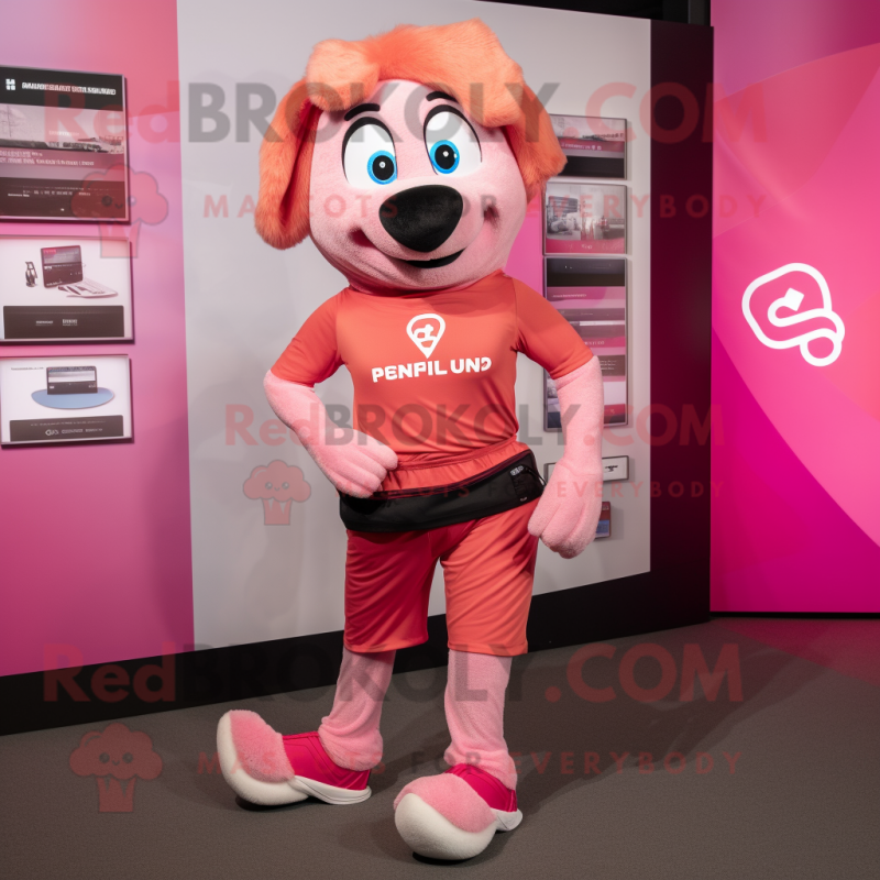 Pink Shepard'S Pie mascot costume character dressed with a Running Shorts and Smartwatches Pink Shepard'S Pie mascot costume character dressed with a Running Shorts and Smartwatches