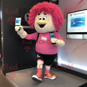 Pink Shepard'S Pie mascot costume character dressed with a Running Shorts and Smartwatches
