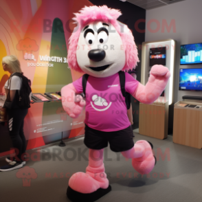 Pink Shepard'S Pie mascot costume character dressed with a Running Shorts and Smartwatches