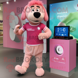 Pink Shepard'S Pie mascot costume character dressed with a Running Shorts and Smartwatches