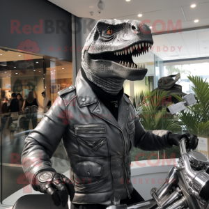 Silver Allosaurus mascot costume character dressed with a Moto Jacket and Berets