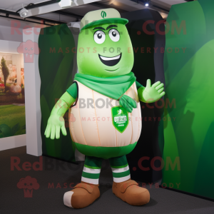 Green Turnip mascot costume character dressed with a Rugby Shirt and Caps