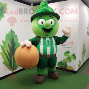 Green Turnip mascot costume character dressed with a Rugby Shirt and Caps