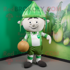 Green Turnip mascot costume character dressed with a Rugby Shirt and Caps