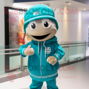 Turquoise Pho mascot costume character dressed with a Sweatshirt and Caps