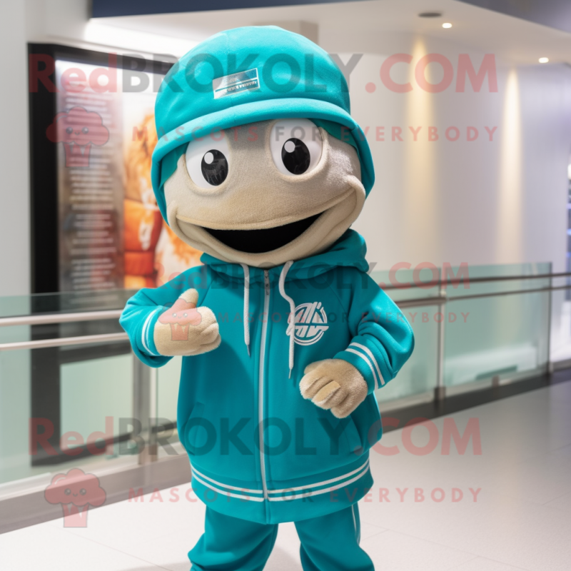 Turquoise Pho mascot costume character dressed with a Sweatshirt and Caps Turquoise Pho mascot costume character dressed with a Sweatshirt and Caps