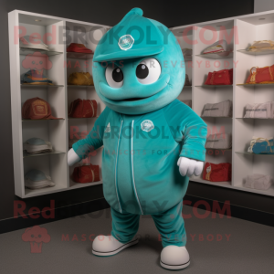 Turquoise Pho mascot costume character dressed with a Sweatshirt and Caps