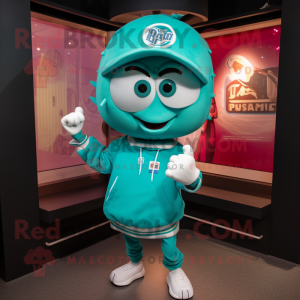 Turquoise Pho mascot costume character dressed with a Sweatshirt and Caps