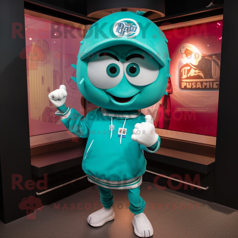 Turquoise Pho mascot costume character dressed with a Sweatshirt and Caps Turquoise Pho mascot costume character dressed with a Sweatshirt and Caps