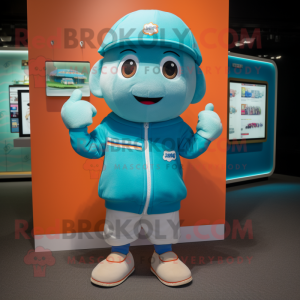 Turquoise Pho mascot costume character dressed with a Sweatshirt and Caps