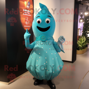 Cyan Pepper mascot costume character dressed with a Dress and Lapel pins