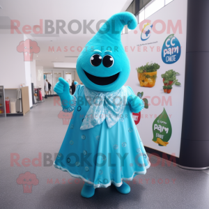 Cyan Pepper mascot costume character dressed with a Dress and Lapel pins