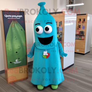 Cyan Pepper mascot costume character dressed with a Dress and Lapel pins