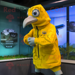 Yellow Albatross mascot costume character dressed with a Windbreaker and Digital watches