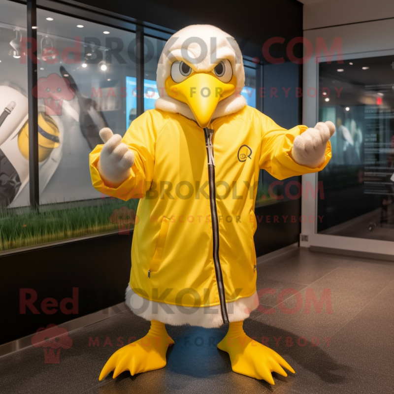 Yellow Albatross mascot costume character dressed with a Windbreaker and Digital watches