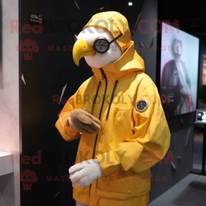 Yellow Albatross mascot costume character dressed with a Windbreaker and Digital watches