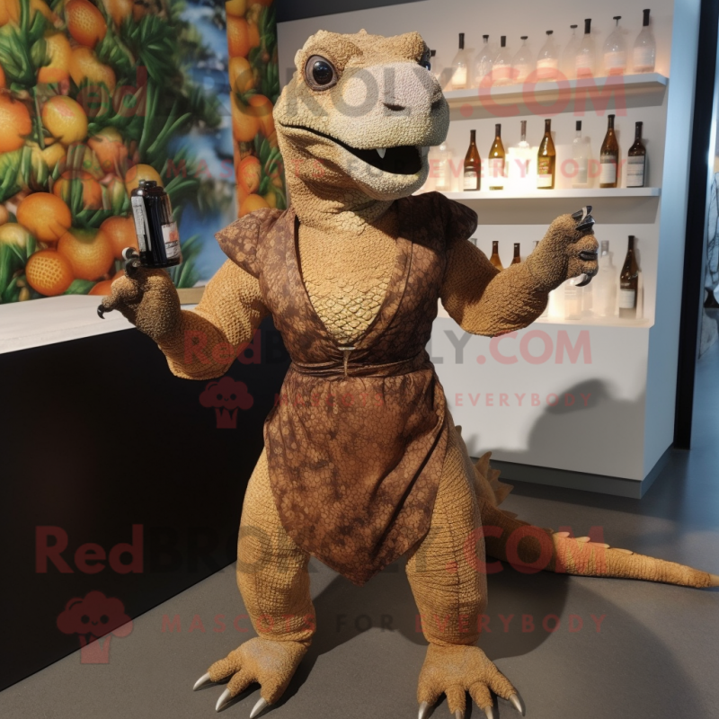 Brown Komodo Dragon mascot costume character dressed with a Cocktail Dress and Backpacks