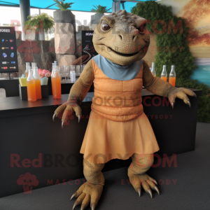 Brown Komodo Dragon mascot costume character dressed with a Cocktail Dress and Backpacks