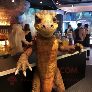 Brown Komodo Dragon mascot costume character dressed with a Cocktail Dress and Backpacks