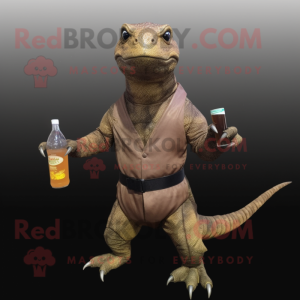 Brown Komodo Dragon mascot costume character dressed with a Cocktail Dress and Backpacks