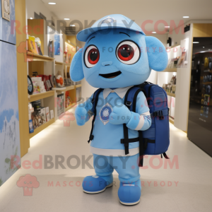 Sky Blue Camera mascot costume character dressed with a Oxford Shirt and Backpacks