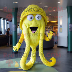 Lemon Yellow Medusa mascot costume character dressed with a Jumpsuit and Caps