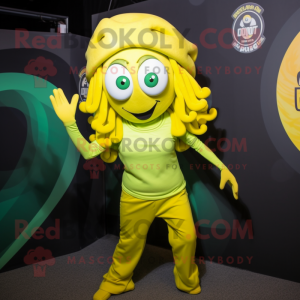 Lemon Yellow Medusa mascot costume character dressed with a Jumpsuit and Caps