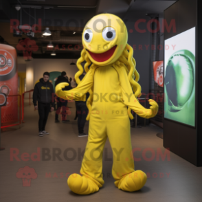 Lemon Yellow Medusa mascot costume character dressed with a Jumpsuit and Caps