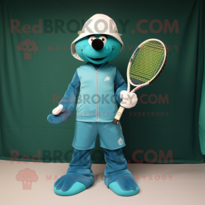 Teal Tennis Racket mascot costume character dressed with a Jumpsuit and Hat pins