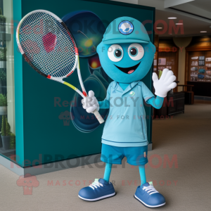 Teal Tennis Racket mascot costume character dressed with a Jumpsuit and Hat pins