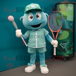 Teal Tennis Racket mascot costume character dressed with a Jumpsuit and Hat pins