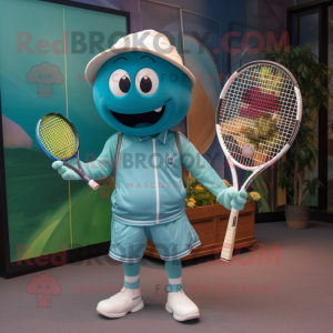 Teal Tennis Racket mascot costume character dressed with a Jumpsuit and Hat pins