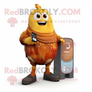 Rust Mango mascot costume character dressed with a Wrap Dress and Smartwatches
