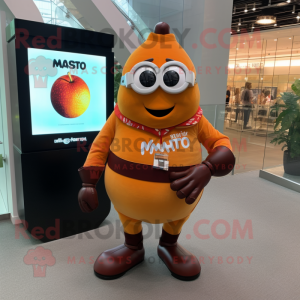 Rust Mango mascot costume character dressed with a Wrap Dress and Smartwatches