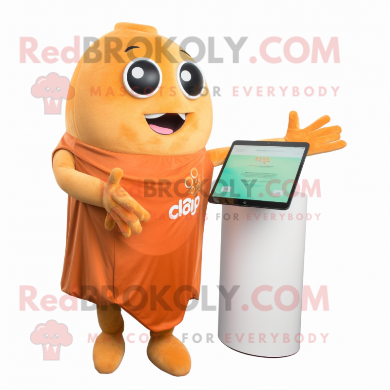 Rust Mango mascot costume character dressed with a Wrap Dress and Smartwatches