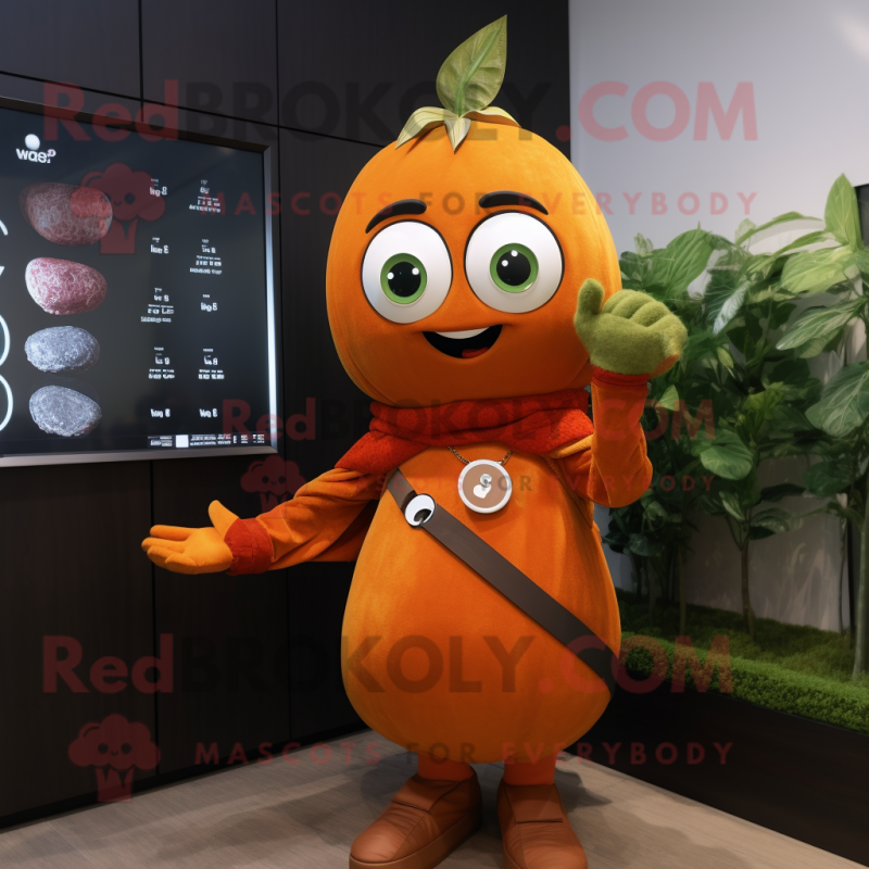 Rust Mango mascot costume character dressed with a Wrap Dress and Smartwatches