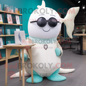 Cream Narwhal mascot costume character dressed with a Long Sleeve Tee and Reading glasses
