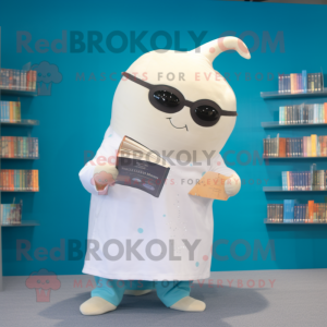 Cream Narwhal mascot costume character dressed with a Long Sleeve Tee and Reading glasses